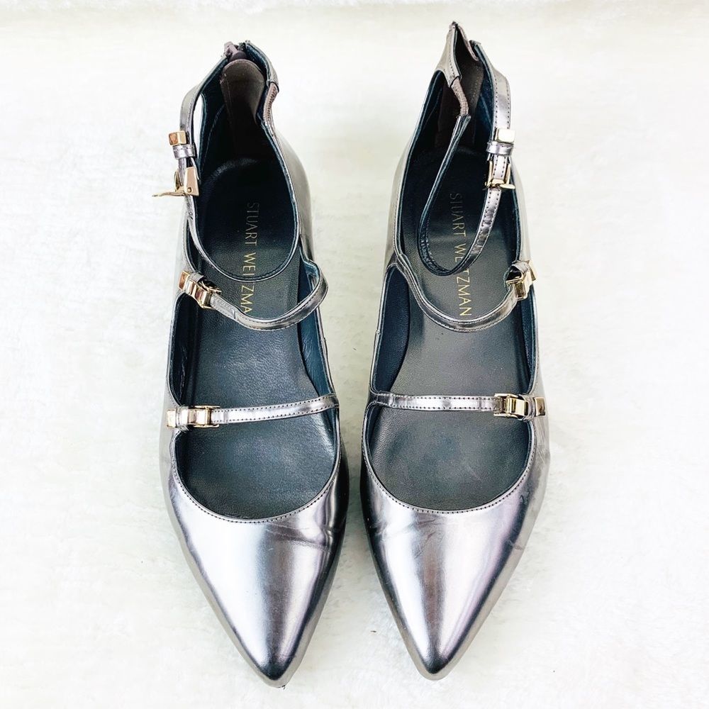 Stuart Weitzman Flippy Metal Gray Mirror Flats 8M